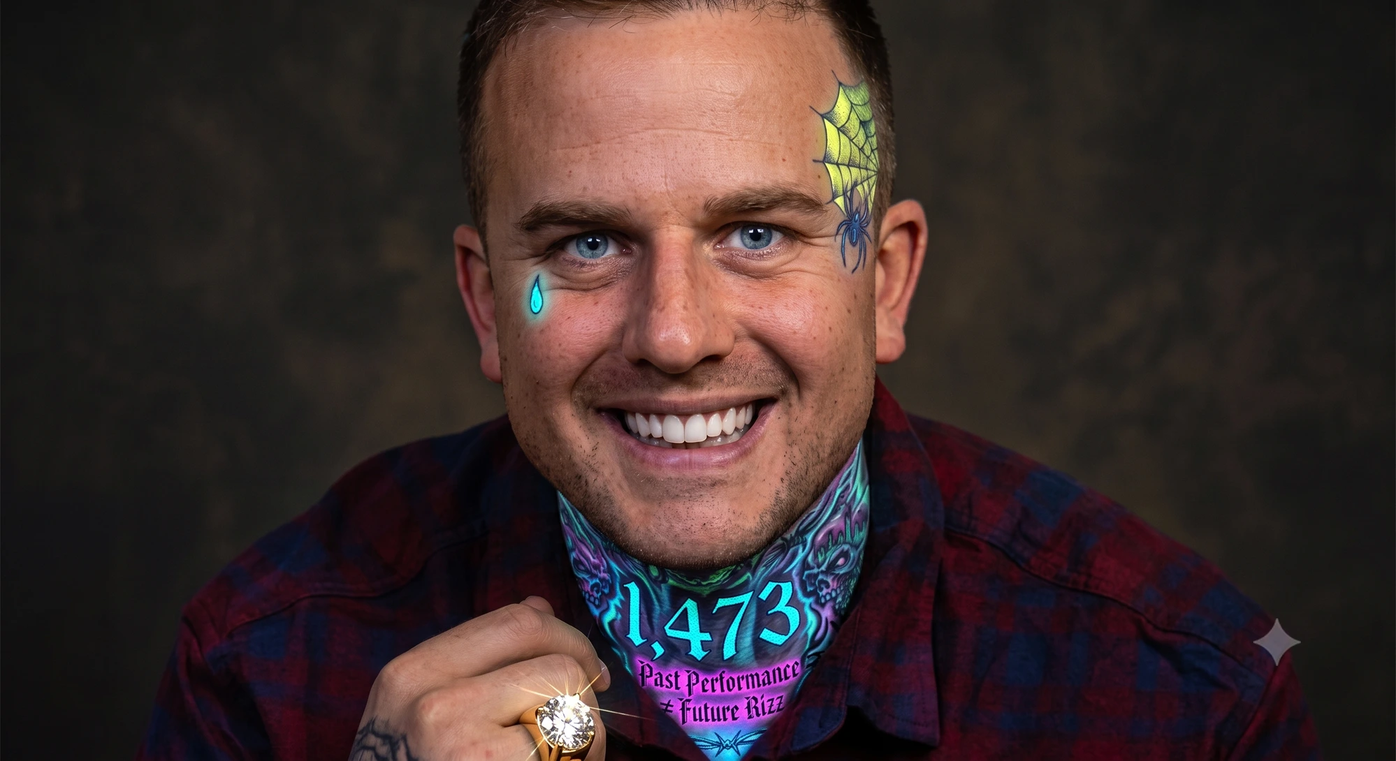 Owen under UV blacklight, his glowing '1,473 — Past Performance ≠ Future Rizz' neck tattoo lit up