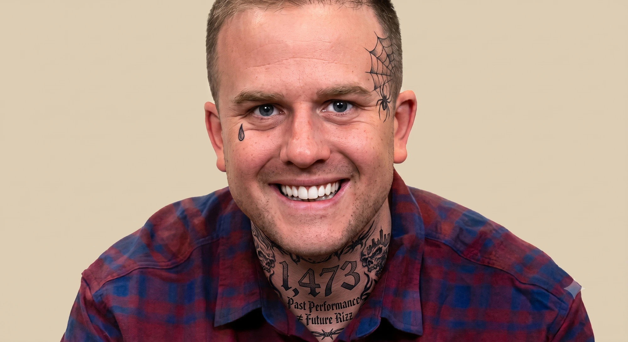 Mock-up of Owen with a neck tattoo reading '1,473 — Past Performance ≠ Future Rizz'